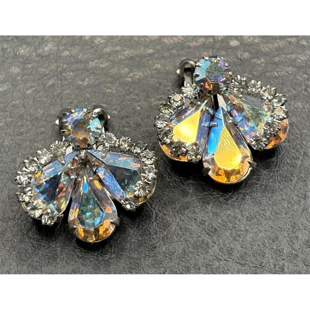 Vintage Weiss Aurora Borealis AB Crystal Rhinestone Clip Earrings Silver Tone